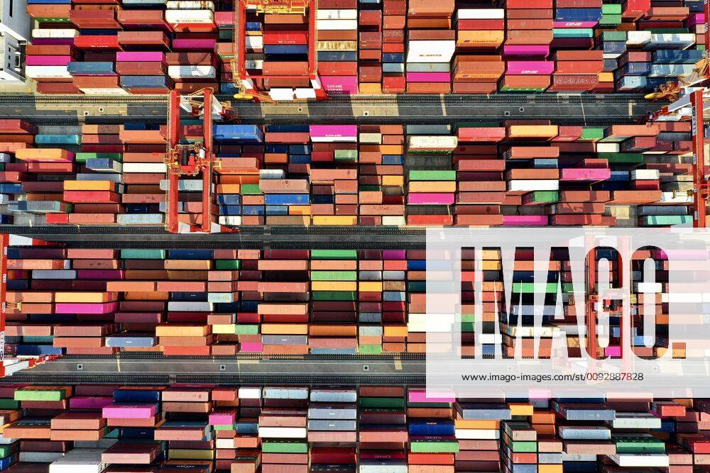 Aerial view of containers sitting stacked at Yangshan Deepwater Port, operated by Shanghai International Port ( Group) Co., Ltd. (SIPG), on August 14, 2019 in Shanghai, China.