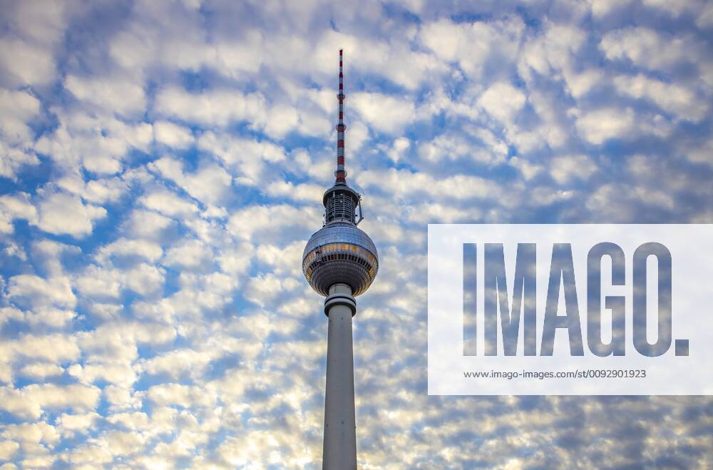 Alexanderplatz, television tower, sky with many fleecy clouds, Berlin,