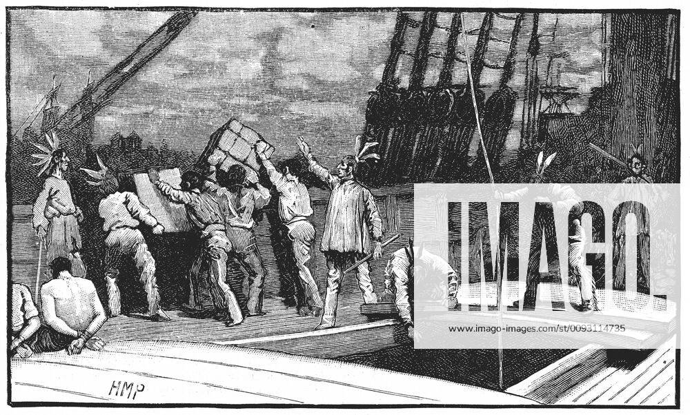 Engraving showing the Boston Tea Party, 26 December 1773 Boston Tea Party, 26 December 1773. Inhabitants of Boston, Massachusetts, dressed as American Indians, throwing tea from vessels in the harbour into the water as a protest against British taxation. No taxation without representation Late nineteenth century Wood engraving