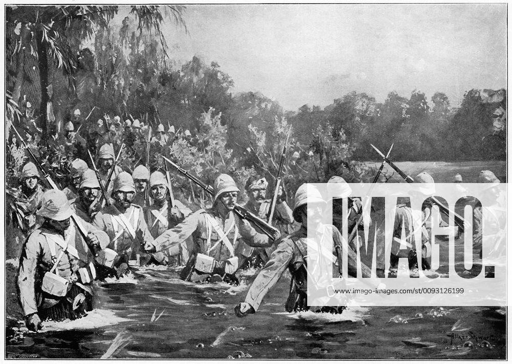 Battle of Modder River: Argyll and Sutherland Highlanders crossing the drift. After drawing by Allan Stewart Photos12.com - Ann Ronan Picture Library