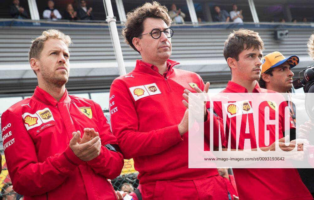 Ferrari s German driver Sebastian Vettel, Ferrari Team Principal Mattia Binotto and Ferrari s Monegasque driver Charles Leclerc pictured during a minute of silence for deceased French pilot Anthoine Hubert, before the Spa-Francorchamps Formula One Grand Prix of Belgium race, in Spa-Francorchamps, Sunday 01 September 2019. The 22-year-old Hubert was killed in a crash yesterday, during the Formula 2 feature race on the Spa-Francorchamps track. BENOITxDOPPAGNE 2388229
