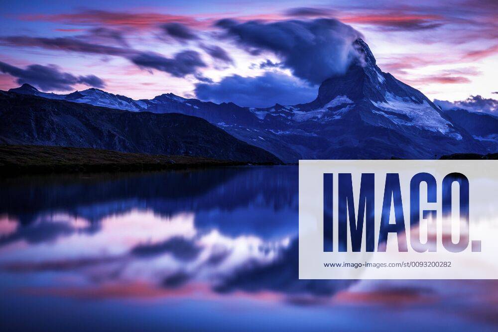 Matterhorn at sunset reflected in Stellisee, Zermatt, Valais, Switzerland, Europe