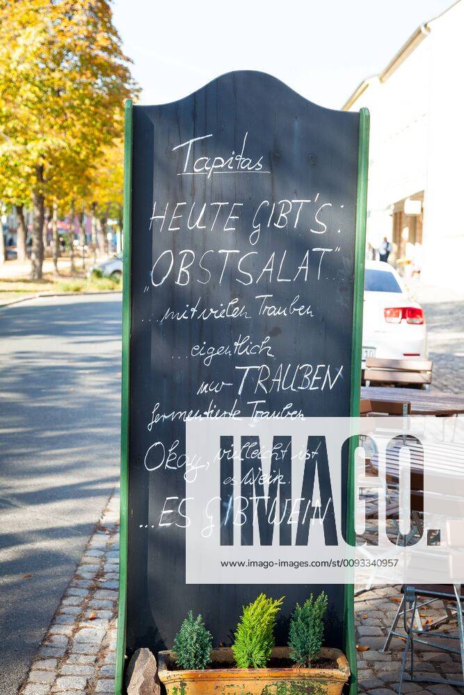 Sign in front of a restaurant on the Anger in Altkötzschenbroda, Radebeul, Saxony, Germany