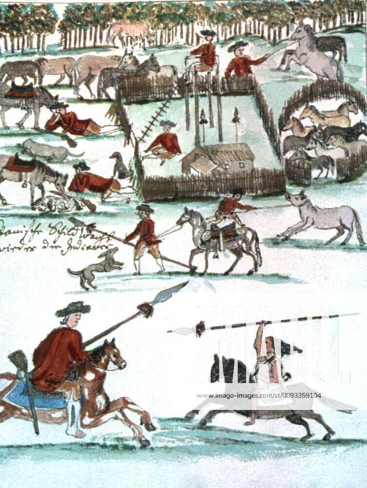 Illustration by Florian Baucke (1749-1767). Zwettler Codex. Life of Guarani Indians seen by a Jesuit father Illustration by Florian Baucke (1749-1767). Zwettler Codex. Life of Guarani Indians seen by a Jesuit father. Spanish-American soldiers ready to fight against the Indians. Paraguay 18th century Austria. Stifs Zwettl. library