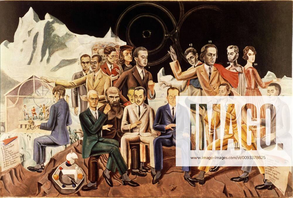 Ernst, Au rendez-vous des amis Max Ernst German school Rendez-vous of Friends Seated and from left to right: René Crevel, Max Ernst, Dostoievsky, Théodore Fraenkel, Jean Paulhan, Benjamin Péret, Johannes Baargeld, Robert Desnos. Debout : Philippe Soupault, Jean Arp, Max Morise, Raphaël, Paul Éluard, Louis Aragon, André Breton, Giorgio de Chirico, Gala Éluard 1922 Oil on canvas (127 x 193 cm) Cologne, Ludwig museum Max Ernst (1891-1976). These photographic works are protected by legislation concerning literary and artistic property in all countries. Royalties are handled by ADAGP. To publish or diffuse these photographs, you must imperatively obtain the authorization of ADAGP or its correspondents abroad and to pay corresponding royalties. If you download this image in high definition, your postal address, telephone number and e-mai