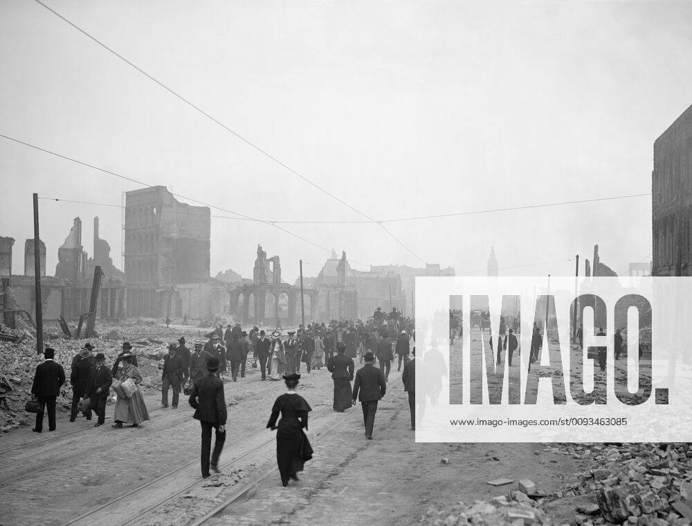 Large Group of People Walking Along Ruins of Market Street toward Ferry after Earthquake, San Francisco, California, USA, Detroit Publishing Company, 1906