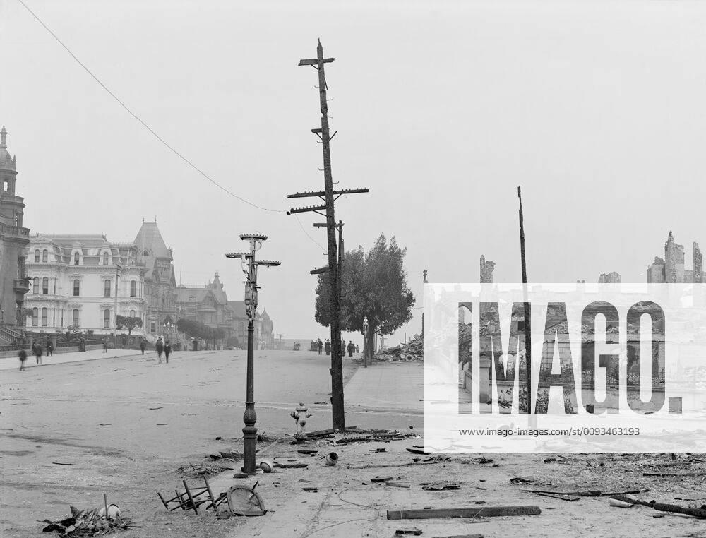 Van Ness Avenue, Limit of Fire, after Earthquake, San Francisco, California, USA, Detroit Publishing Company, 1906