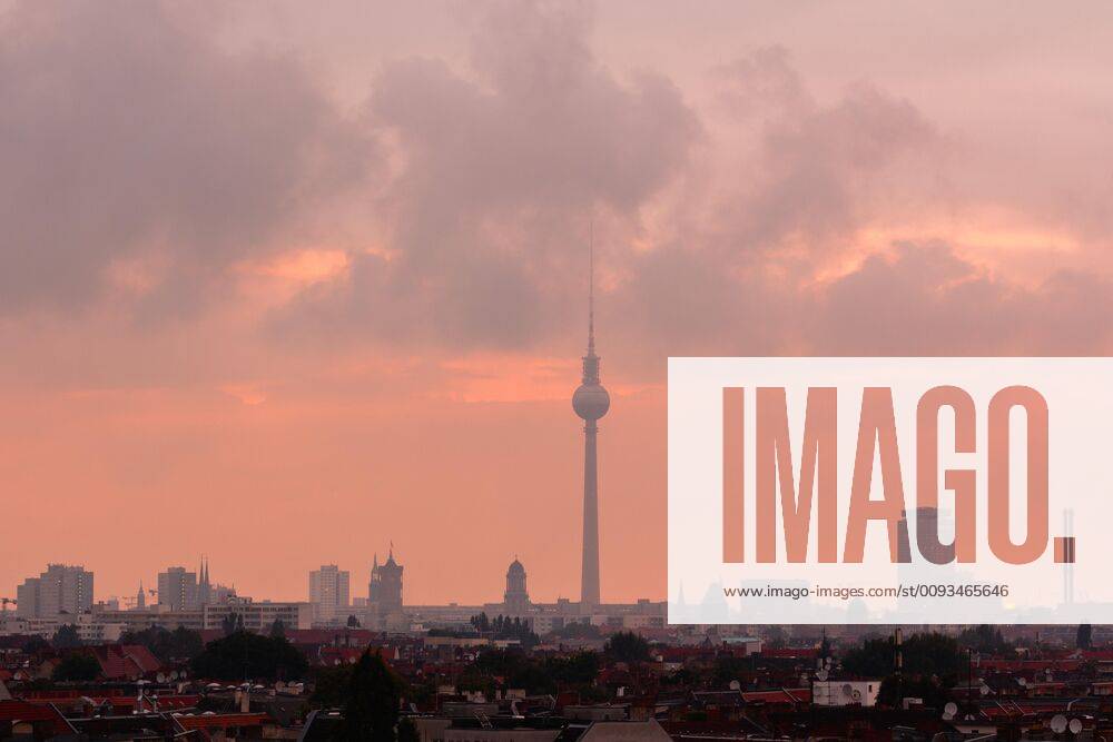 Residential district and Berliner Fernsehturm at sunset