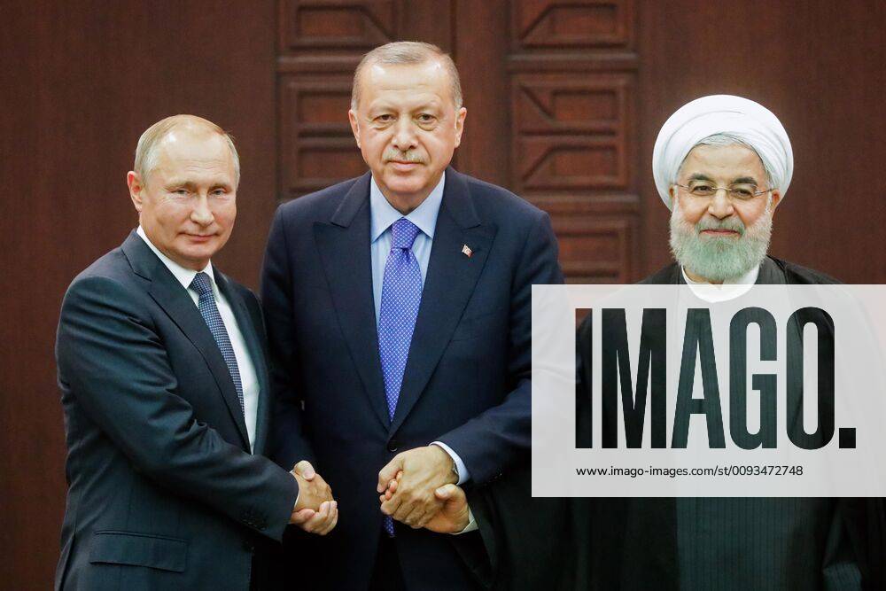 ANKARA, TURKEY – SEPTEMBER 16, 2019: Russia s President Vladimir Putin, Turkey s President Recep Tayyip Erdogan, and Iran s President Hassan Rouhani (L-R) after a joint press conference following the 5th trilateral summit to discuss prospects for Syrian peace process. Mikhail Metzel TASS TS0BAFBC