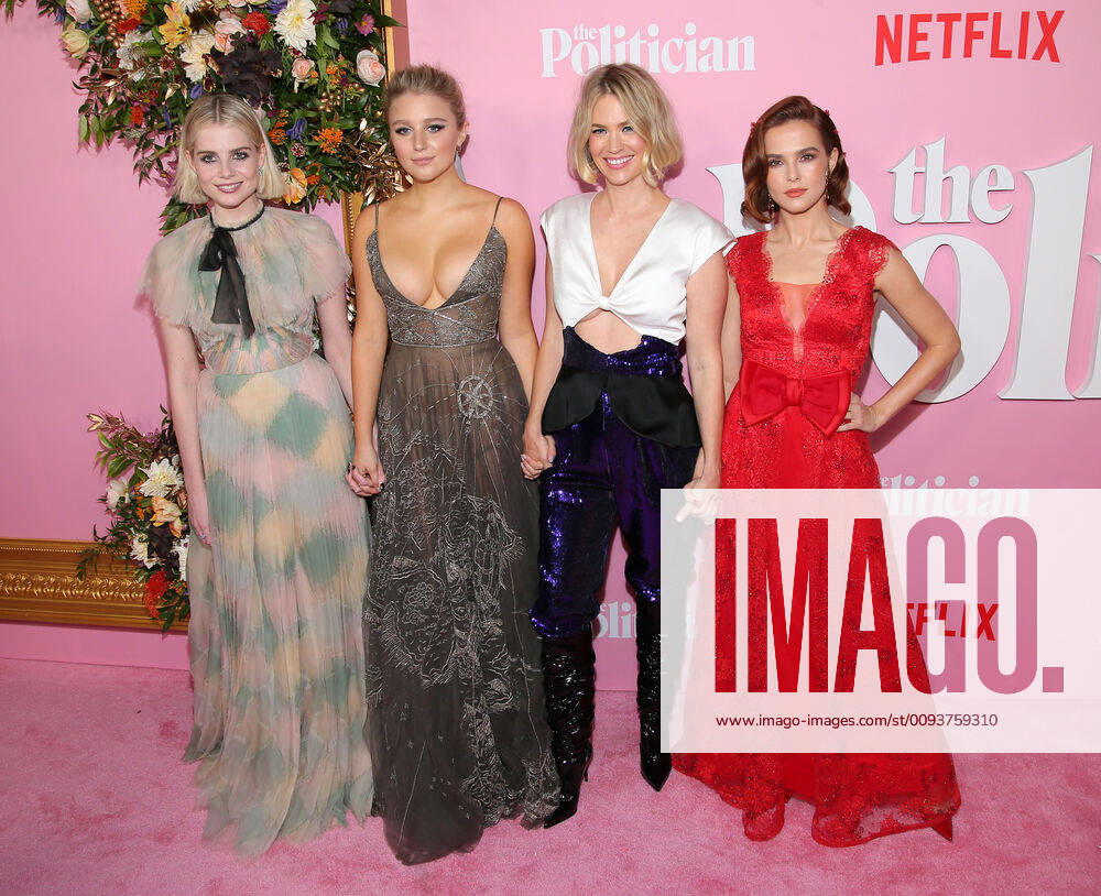 (L-R) Lucy Boynton, Julia Schlaepfer, January Jones and Zoey Deutch arrive on the red carpet at the Netflix premiere of The Politician on Thursday, September 26, 2019 in New York City NYP20190926724 JEMALxCOUNTESS
