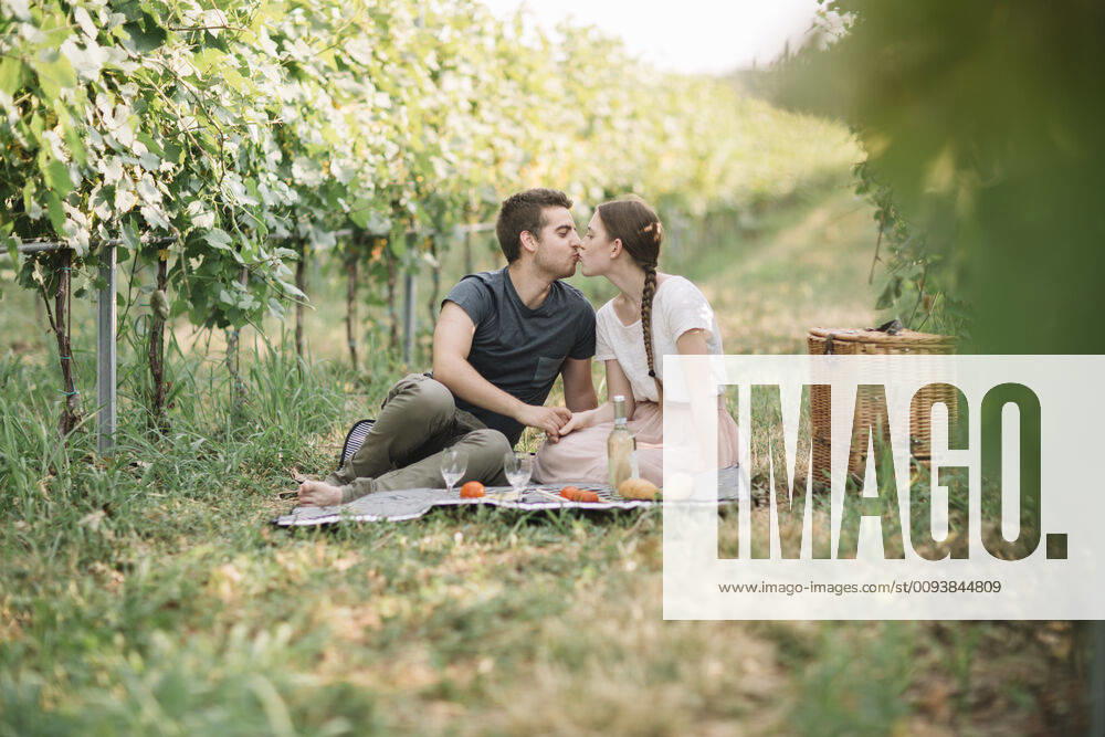 Kissing young couple having picnic in the vineyards model released Symbolfoto ALBF01011