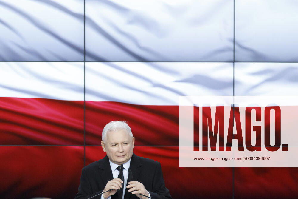 13 October 2019. Warsaw, Poland. Leader of the PiS ruling oparty Jaroslaw Kaczynski speaks at the election night after first results shows almost 43% support of his party. Photo: - ZUMAm120 20191013_zap_m120_002