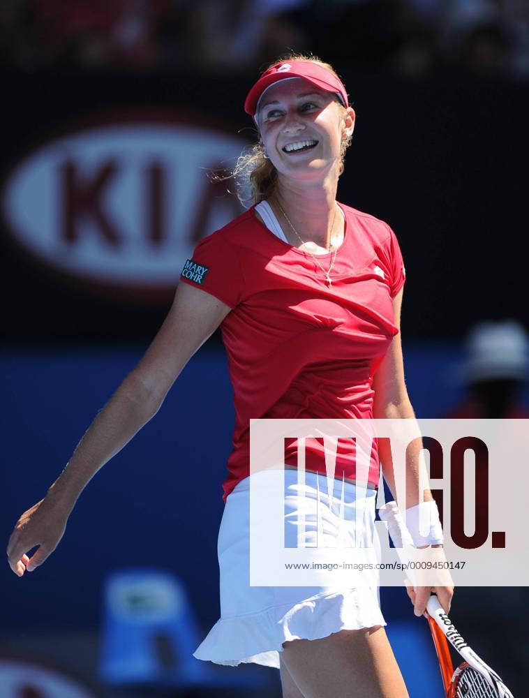 (120123) -- MELBOURNE, Jan. 23, 2012 (Xinhua) -- Ekaterina Makarova of Russia celebrates after the fourth round match of women s singles at the Australian Open tennis tournament in Melbourne, Jan. 23, 2012. . (Xinhua Bai Xue)(wll) AUSTRALIA- MELBOURNE-TENNIS-AUSTRALIAN OPEN-DAY 8