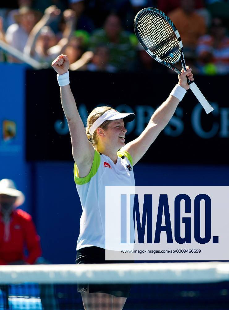 (120124) -- MELBOURNE, Jan. 24, 2012 (Xinhua) -- Kim Clijsters of Belgium celebrates victory after the women s singles quarterfinal match at the 2012 Australian Open tennis tournament in Melbourne, Australia, Jan. 24, 2012. Clijsters won 2-0. (Xinhua Bai Xue) (jyc) AUSTRALIA-MELBOURNE-TENNIS-AUSTRALIAN OPEN-WOMEN S SINGLES