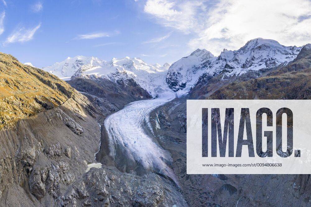 Morteratsch Glacier, Bernina Group with Piz Bernina, Bernina, Engadin, Canton Graubünden, Switzerland, Europe