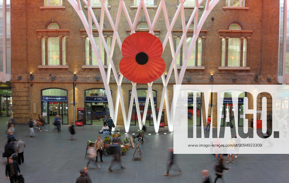 London England 8th November 2019 The impressive departures hall of London Kings Cross Station is bathed in red light with an enormous poppy mounted above the heads of the travellers for the 2019 Poppy Appeal. Londen Engeland 8 november 2019 De indrukwekkend vertrekhal van Kings Cross Station wordt rood verlicht met een enorme poppy (Papaver) gemonteerd boven de hoofden van de reizigers. De Herdenkingsklaproos wordt verkocht in de aanloop naar Remembrance Day (11 november) door The Royal British Legion, een liefdadigheidsinstelling die zich bezighoud met de lot van veteranen.