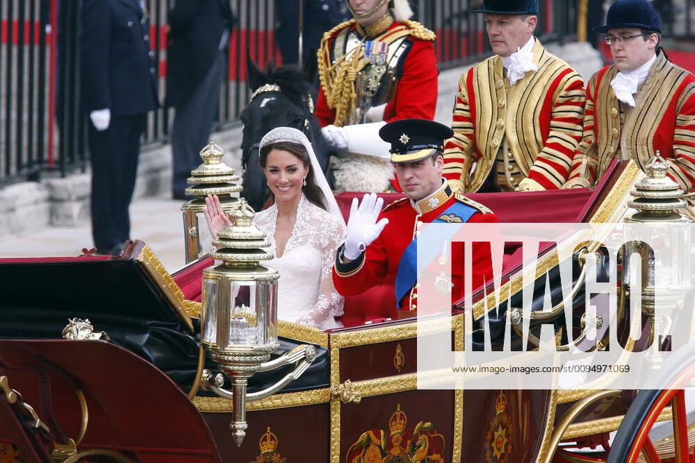 Prince William & Princess Catherine, Duke and Duchess of Cambridge, leaving Westminster Abbey, London, in the Royal Carriage after their wedding.