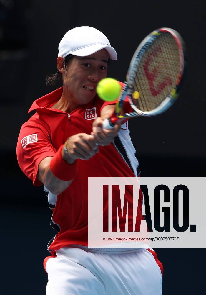 Kei Nishikori (JPN) hits a backhand during the quarter finals of the Australian Open at Melbourne Park Tennis Centre in Melbourne, Australia. TENNIS: JAN 25 Australian Open Icon1201256576
