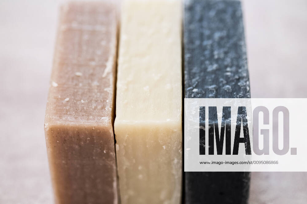 High angle close up of three bars of homemade bars of soap. High angle close up of three bars of homemade bars of soap. 59307
