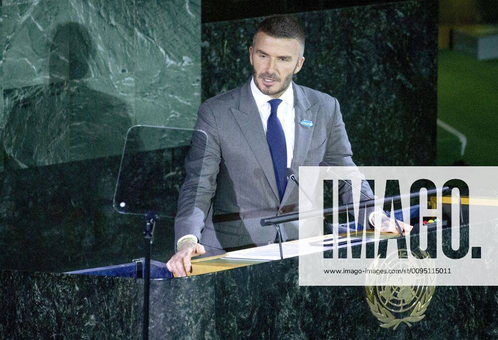 Ambassador of good will of the United Nations and star of football, David Beckham, speech during an event that commemorates the Universal Day of the Childrens in the headquarters of the organism in New York, United States, 20 November 2019. Childrens of all the world, accompanied of activists and celebrities of the sport and of the cinema, gather in the headquarters of United Nations to sue more protections for the minors in the 30 anniversary of the approval of the Convention on the rights of the Childrens. The UN celebrates the Universal Day of the Childrens !ACHTUNG: NUR REDAKTIONELLE NUTZUNG!