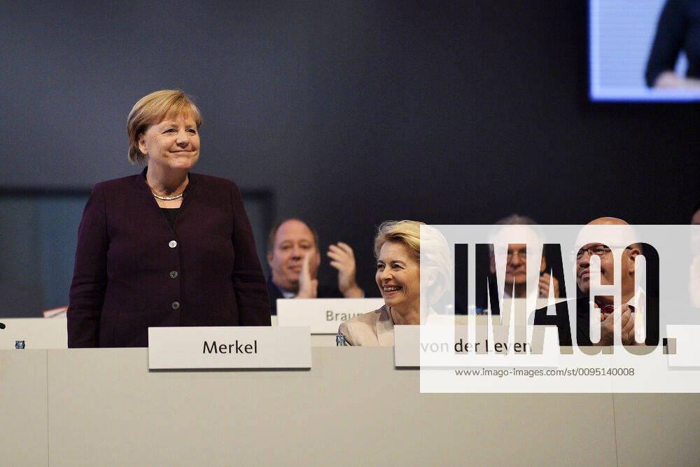 32 Party Congress Christian Democratic Union of Germany CDU, Leipzig 22 11 2019 Angela Merkel Chancellor of the Federal Republic of Germany, CDU li receives applause at CDU Party Congress in Leipzig 22 11 2019 Applauses include Ursula von der Leyen President of the European Commission and Deputy Chairwoman CDU Mitte and Peter Altmaier CDU, Federal Minister of Economics and Energy re