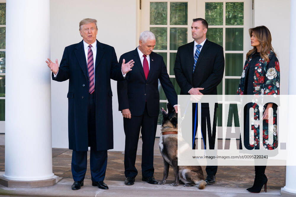 President Donald Trump speaks about Conan the military dog as Vice President Mike Pence, First Lady Melania Trump and Conan s handler stand by, at the White House in Washington, DC on November 25, 2019. The dog Conan assisted in the Baghdadi raid and was awarded a medal by President Trump. WAP20191125327 KEVINxDIETSCH