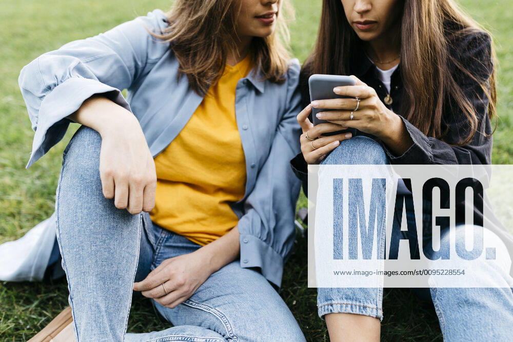 Two friends looking on the smartphone, sitting on a meadow of a park model released Symbolfoto JRFF03805