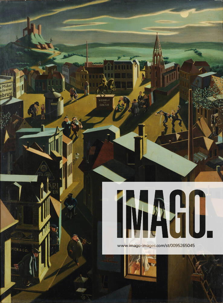 German small town at night, 1923, oil on board, 100 x 75 cm, signed and dated lower left: Georg Scholz., 1923, inscribed on the back by the artist: German small town by night painted by Georg Scholz to Grötzingen, Amt Durlach (Baden) in 1923 (IX.), Georg Scholz, Wolfenbüttel 1890 1945 Waldkirch Copyright Artokoloro LC190917_055455