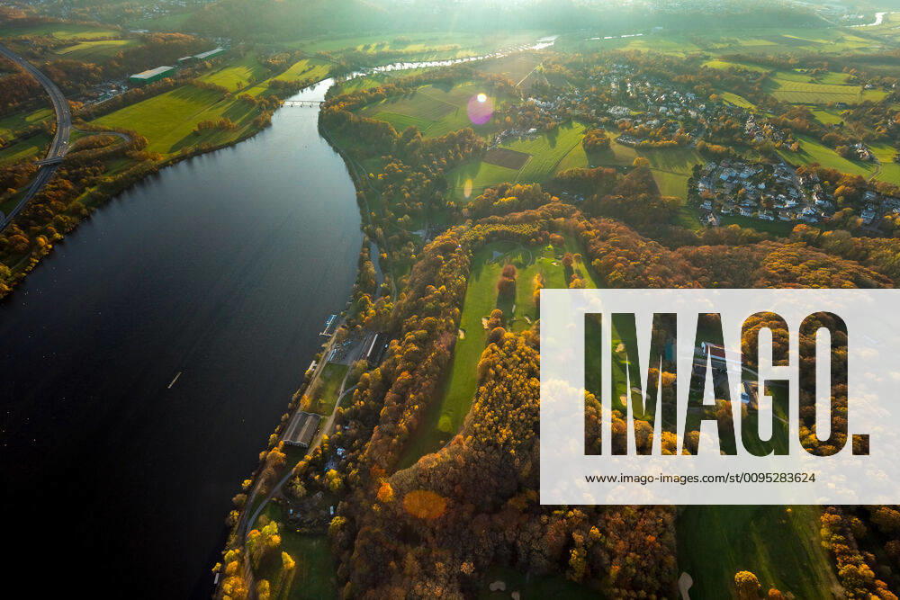 Aerial photo, Kemnader See and golf course in autumnal colours, , Kemnader See and Oveney in autumnal colours, view to the district Stiepel, Bochum, Ruhrgebiet, Nordrhein Westfalen, Germany ACHTUNGxMINDESTHONORARx60xEURO