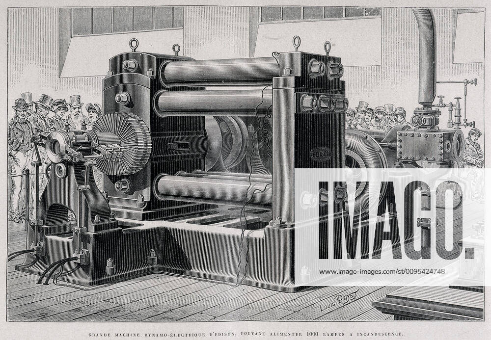 EDISON Large EDISON dynamo electric machine capable of operating 1000 incandescent lamps presented at the International Exhibition of Electricity at the Palais de lIndustrie in 1881 Engraving in Main applications of electricity by E HOSPITALIER, 1882 Credit Collection Kharbine Tapabor KH36707