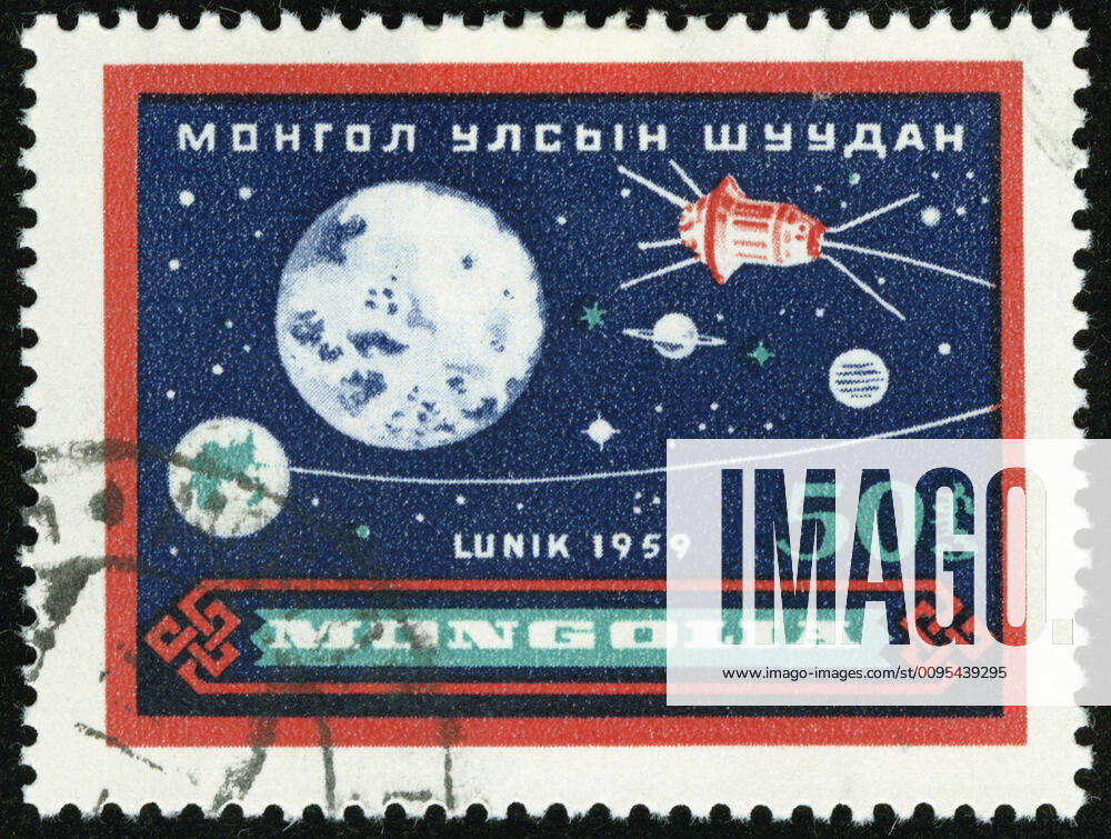 AEROSPATIAL Mongolian stamp of 1959 commemorating the first flight around the moon with the Soviet probe Luna III which can transmit photos of its hidden side, on 04 10 1959 Credit Coll Jonas Kharbine Tapabor KH62968