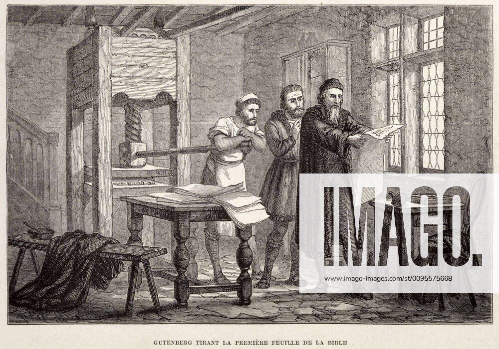 GUTENBERG GUTENBERG GUTENBERG 1400 1468 drawing the first sheet of the Bible Engraving in Life of Illustrious Scientists by FIGUIER, 1867 Credit Collection Grob KHARBINE TAPABOR KH29775