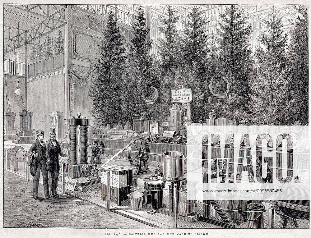 Electricity Dairy driven by an EDISON machine 1847 1931 at the international electricity exhibition in Munich in 1883 Engraving by E TOURNOIS from the Universal Electricity Journal published under the direction of Th of the MONCEL Credit Collection KHARBINE TAPABOR KH34473