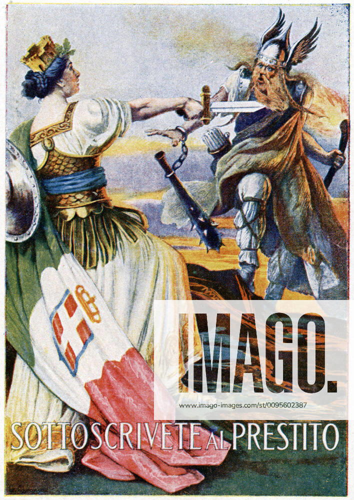 1st WORLD WAR Sottoscrivete al prestito Subscribe for the 1917 Italian Poster Victory illustrated by Giovanni CAPRANESI 1852 1921 Italy threatens the German barbarian with its sword Credit Collection Grob KHARBINE TAPABOR KH84549