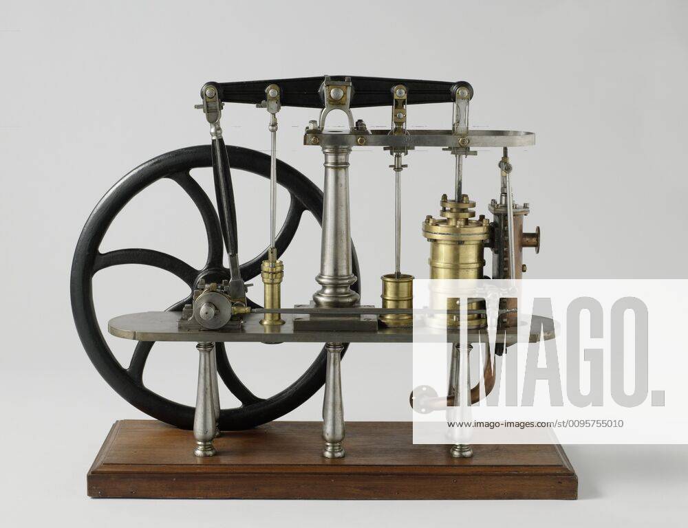 Model of a Double-Acting Beam Engine, Model of a double-acting land-based steam engine, on a wooden ground board. The model has a balance and flywheel, but no condenser. The piston drives the balance, which in turn drives the air pump, the cold water pump of the condenser and the crankshaft. The flywheel is mounted on the crankshaft and on the other side an eccentric with a long drive rod, which drives the steam slide on the other side of the machine. The steam valve has two inputs on the cylinder. The air pump seal is missing. Scale 1:20 (derived)., H.W. Fricke (mentioned on object), 1840, iron (metal), brass (alloy), copper (metal), wood (plant material), paint (coating), h 63 cm x w 75 cm x d 28 cm x w 51.8 kg Copyright Artokoloro LCK_190715_035684