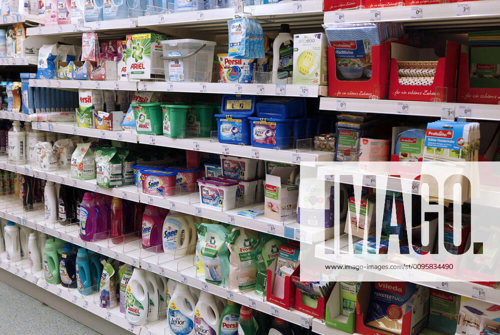 Laundry detergent on a shelf of the drugstore chain DM in the Schadow Arkaden in downtown Düsseldorf