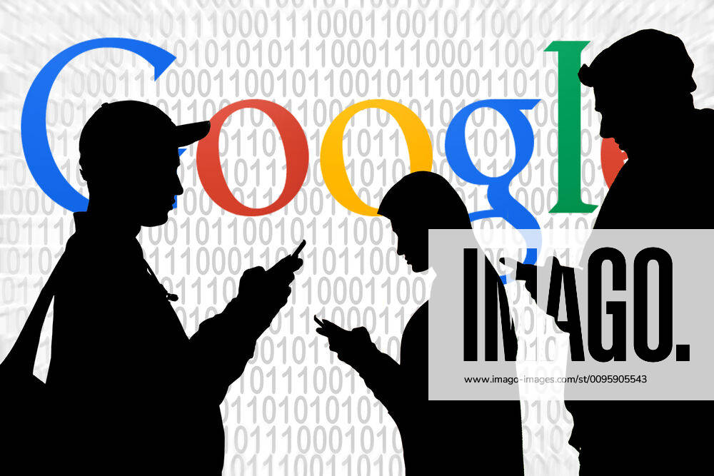 PHOTO MONTAGE, model released The logo of the search engine Google with binary numbers behind silhouettes of people looking at the screens of their smartphones with their heads lowered