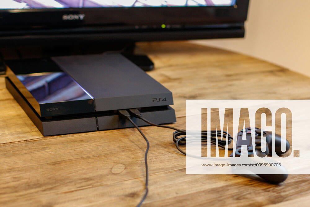 PS4 console, TV and controller video games with Sony Playstation 4