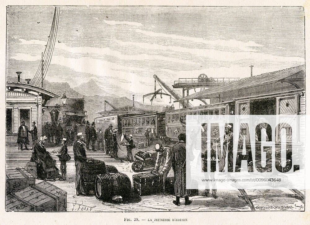 Thomas EDISON The youth of Thomas EDISON 1847 1931 as a newspaper seller Illustration by Jules FERAT around 1890 for Les nouvelles conquetes de la science L electricity by Louis FIGUIER 1819 1894 Credit Coll Jonas Kharbine Tapabor KH193092