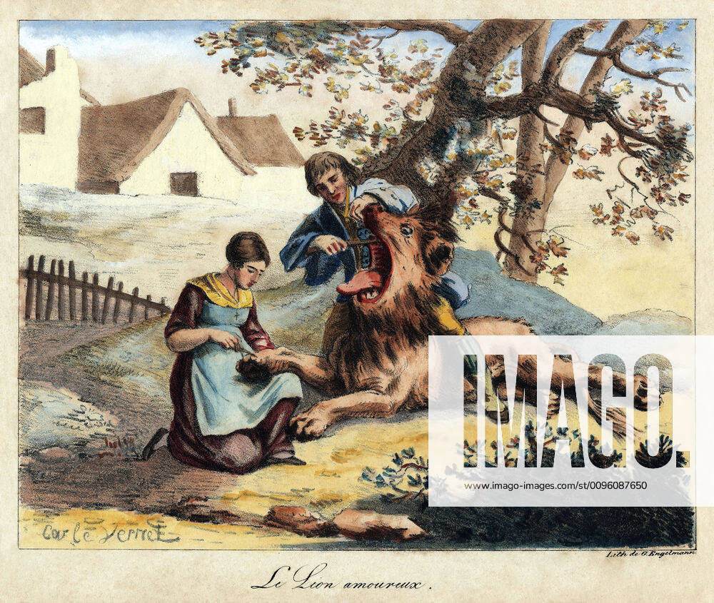 Fable de LA FONTAINE The lion in love having its teeth filed and its claws trimmed Illustration circa 1820 by Carle VERNET 1758 1836 for a fable by Jean de LA FONTAINE 1621 1695 Collection Jonas Kharbine Tapabor KH228651