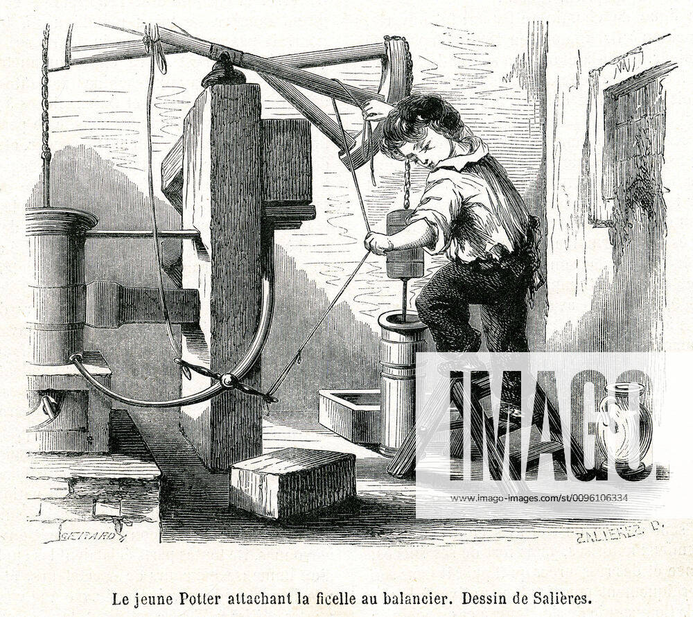 Humphry POTTER The young Humphry POTTER, in order to get rid of the ungrateful task he had to perform, attached the string to the pendulum and thus improved the efficiency of Thomas NEWCOMENs steam engine 1663 1729 Illustration of SALIERS 19 s for the Family Museum of December 1861 NEWCOMEN Credit Collection Kharbine Tapabor fire or water pump KH231753