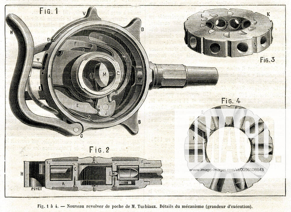 REVOLVER New pocket revolver by M Turbiaux Details of the mechanism Illustration by Poyet from the magazine La Nature of September 15, 1883 Credit Collection KHARBINE TAPABOR KH244542
