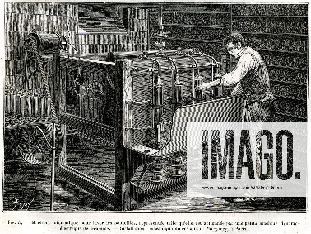 RESTAURATION XIXth c Automatic machine for washing bottles, represented as it is operated by a small dynamo electric machine of Gramme Mechanical installation of the restaurant Marguery, in Paris Illustration by Poyet 1846 1913 from the magazine La Nature of March 21, 1885 Credit Collection KHARBINE TAPABOR KH244861