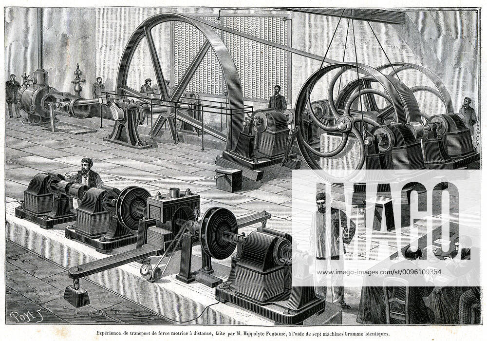 FORCE MOTRICE Experience of transporting motive force at a distance made by M Hippolyte Fontaine using seven identical Gramme machines Illustration by Poyet 1846 1913 from the magazine La Nature of January 1, 1887 Credit Collection KHARBINE TAPABOR KH244958