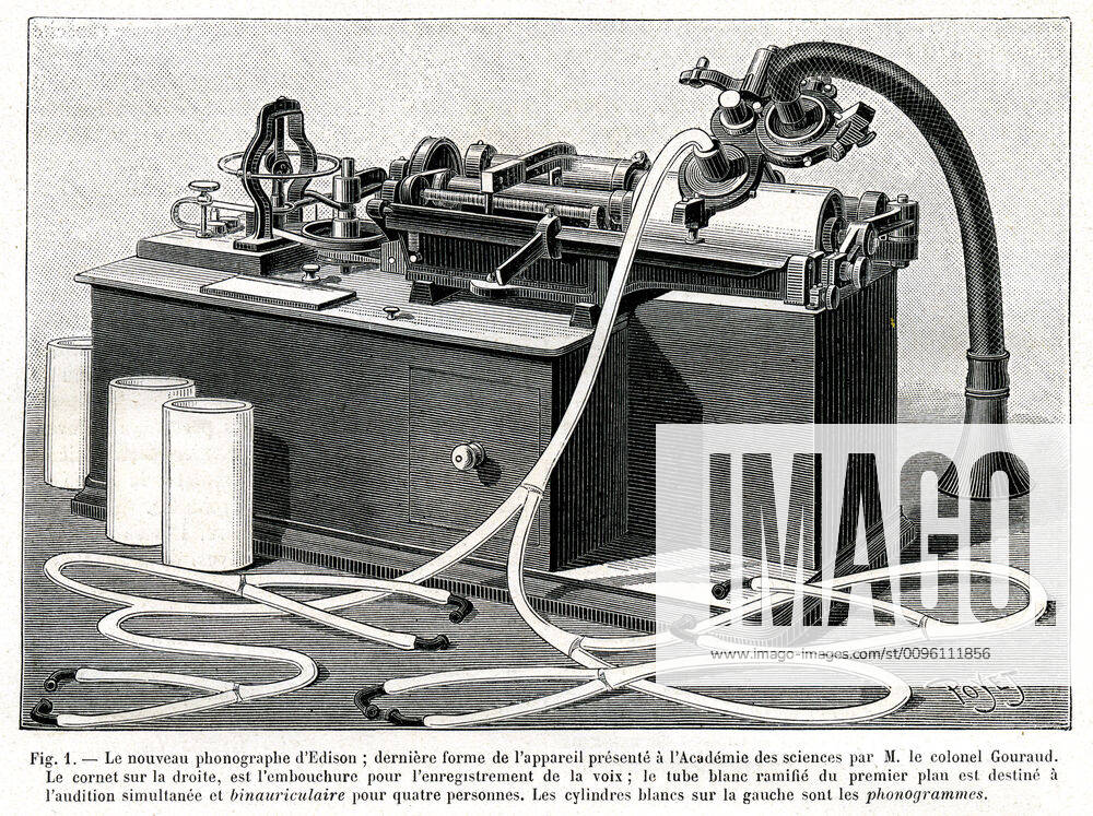 PHONOGRAPH XIXth c The new Edison phonograph, last form of the apparatus presented to the Academy of Sciences by Colonel Gouraud Illustration by Poyet 1846 1913 taken from the magazine La Nature of May 4, 1889 Credit Collection KHARBINE TAPABOR KH246550