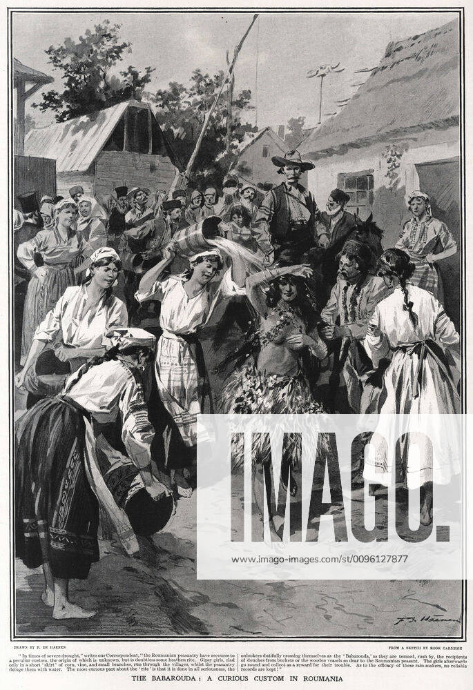 RAIN GIRL Baradouda or Paparuda Romanian custom of the following Thursday Easter Rite of invocation of the rain the peasants throw water on a young woman Illustration by Frederic de HAENEN 1853 1928 for the English magazine The Graphic of September 9, 1905 Credit Collection Kharbine Tapabor KH259751