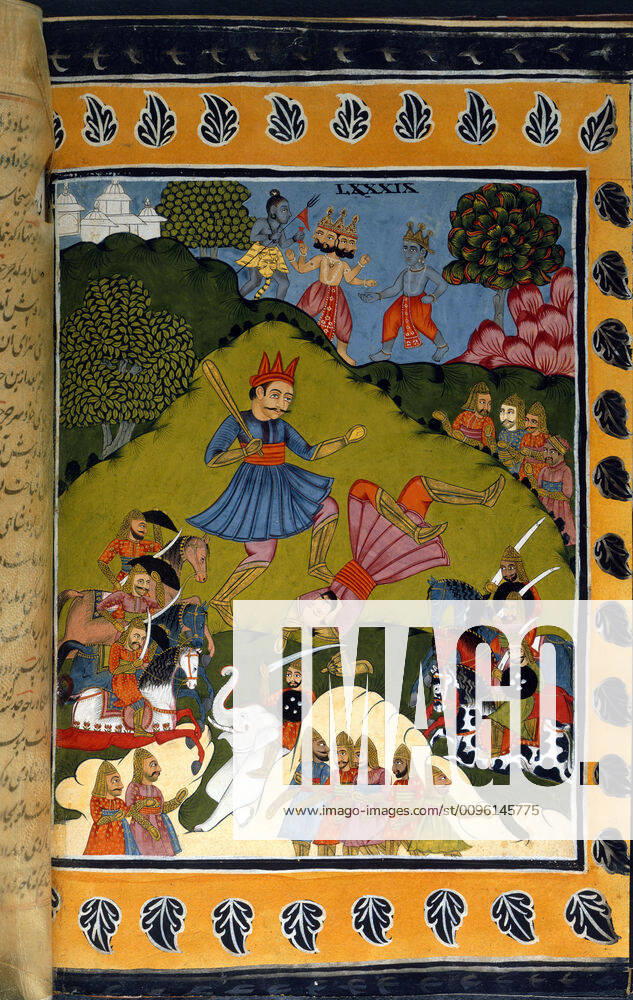 MAHABHARATA Bhima kills Duryodhana in single combat Krishna, Brahma and Siva observe them Miniature from the Mahabharata in a Persian translation of the Hindu tale, manuscript c. 1762 18th, 18th c. Credit Collection British Library KHARBINE TAPABOR KH401987