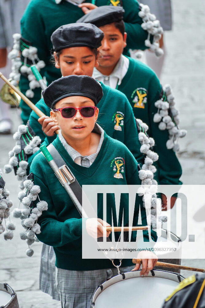 San Miguel De Allende, Guanajuato, Mexico: Young school girls march in a band during a parade to celebrate the 251st birthday of the Mexican Independence hero Ignacio Allende January 21, 2020 in San Miguel de Allende, Guanajuato, Mexico. Allende, from a wealthy family in San Miguel played a major role in the independency war against Spain in 1810 and later honored by his home city by adding his name. San Miguel De Allende Mexico - ZUMAe02_ 20200121_zaf_e02_011