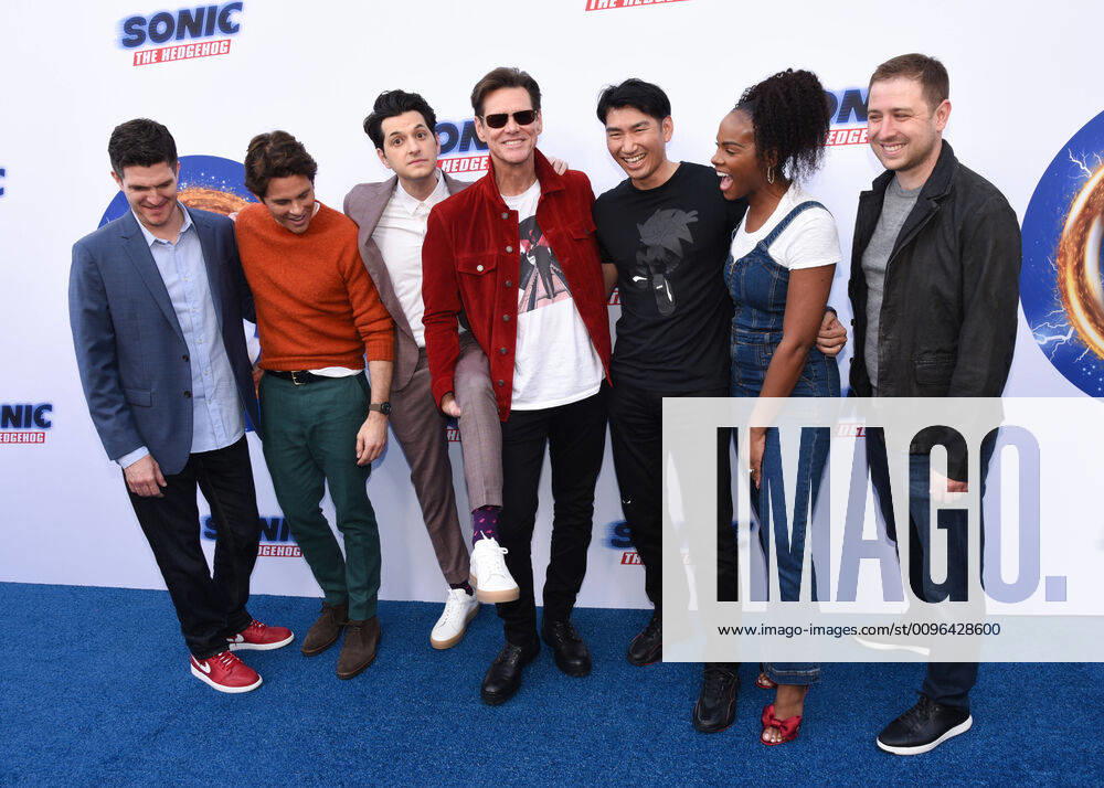 (L-R) Director Jeff Fowler, actor James Marsden, actor Ben Schwartz, actor Jim Carrey, SEGA CEO Haruki Satomi, actress Tika Sumpter and producer Toby Ascher attends the Sonic The Hedgehog Family Day Event at the Paramount Theatre. Hollywood USA - ZUMAb173 20200125_zap_b173_031