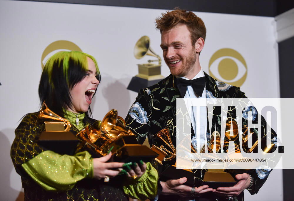 (L-R) Billie Eilish, winner of Record of the Year for Bad Guy, Album of the Year for when we all fall asleep, where do we go?, Song of the Year for Bad Guy, Best New Artist and Best Pop Vocal Album for when we all fall asleep, where do we go?, and Finneas O Connell, winner of Best Engineered Album Non-Classical for when we all fall asleep, where do we go?, Song of the Year for Bad Guy, and Producer Of The Year Non-Classical during the 62nd annual Grammy Awards held at Staples Center in Los Angeles on Sunday, January 26, 2020 . LAP20200126395 CHRISTINExCHEW